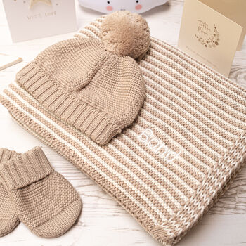 Unisex Baby Blanket, Bobble Hat And Mittens Set, 2 of 12