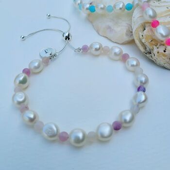 Freshwater Pearl And Crackled Quartz Sterling Silver Slider Bracelet, 4 of 4