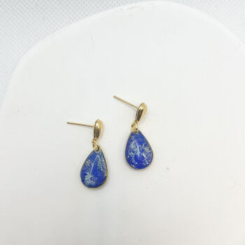 Royal Blue Dainty Teardrop Stud Gold Earrings, 5 of 9
