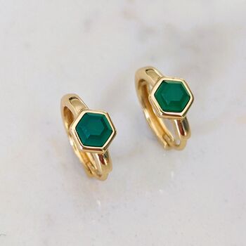 Green Onyx Tiny Hexagon Hoop Earrings 18ct Gold Plated, 5 of 8