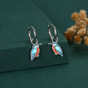 Sterling Silver Enamel Kingfisher Detachable Huggie Hoop Earrings, 2 of 12