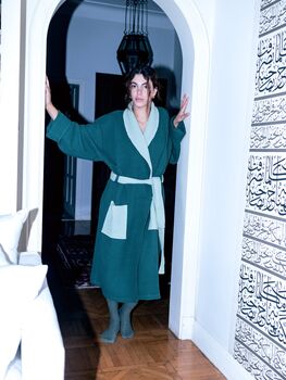 Dark Green Two Tone Unisex Waffle Bathrobe, 3 of 6