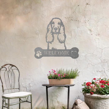 Personalised Cocker Spaniel Welcome Sign Metal Wall Art Gift For Home Or Garden Decor, 10 of 11