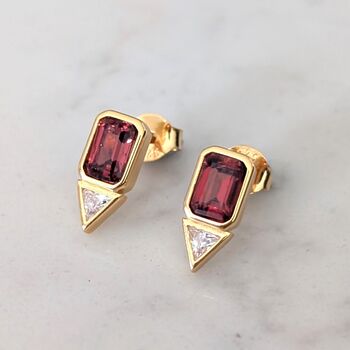 Garnet Geometric Stud Earrings, Gold Plated, 4 of 6