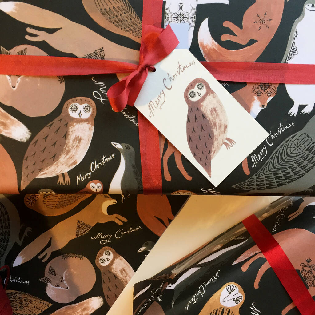 Gift Wrapping Paper Christmas Foxes Owls And Penguins By Prism of
