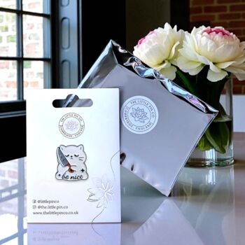 Be Nice Cartoon White Kawaii Cat With Knife Enamel Pin Badge, 2 of 8