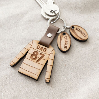 Daddy’s Team Wooden Rugby Shirt Keyring With Charms, 2 of 2