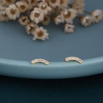Sterling Silver Cz Tiny Curved Bar Stud Earrings, 3 of 12