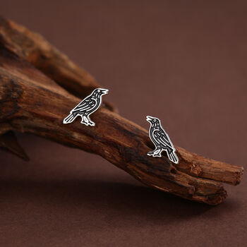 Sterling Silver Crow Raven Bird Stud Earrings, 3 of 11