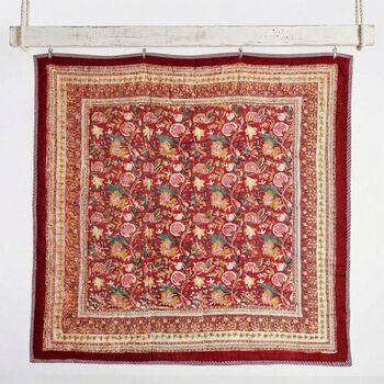 Deep Red, Green And Mustard Floral Indian Block Printed Cotton Bed Quilt, 3 of 9