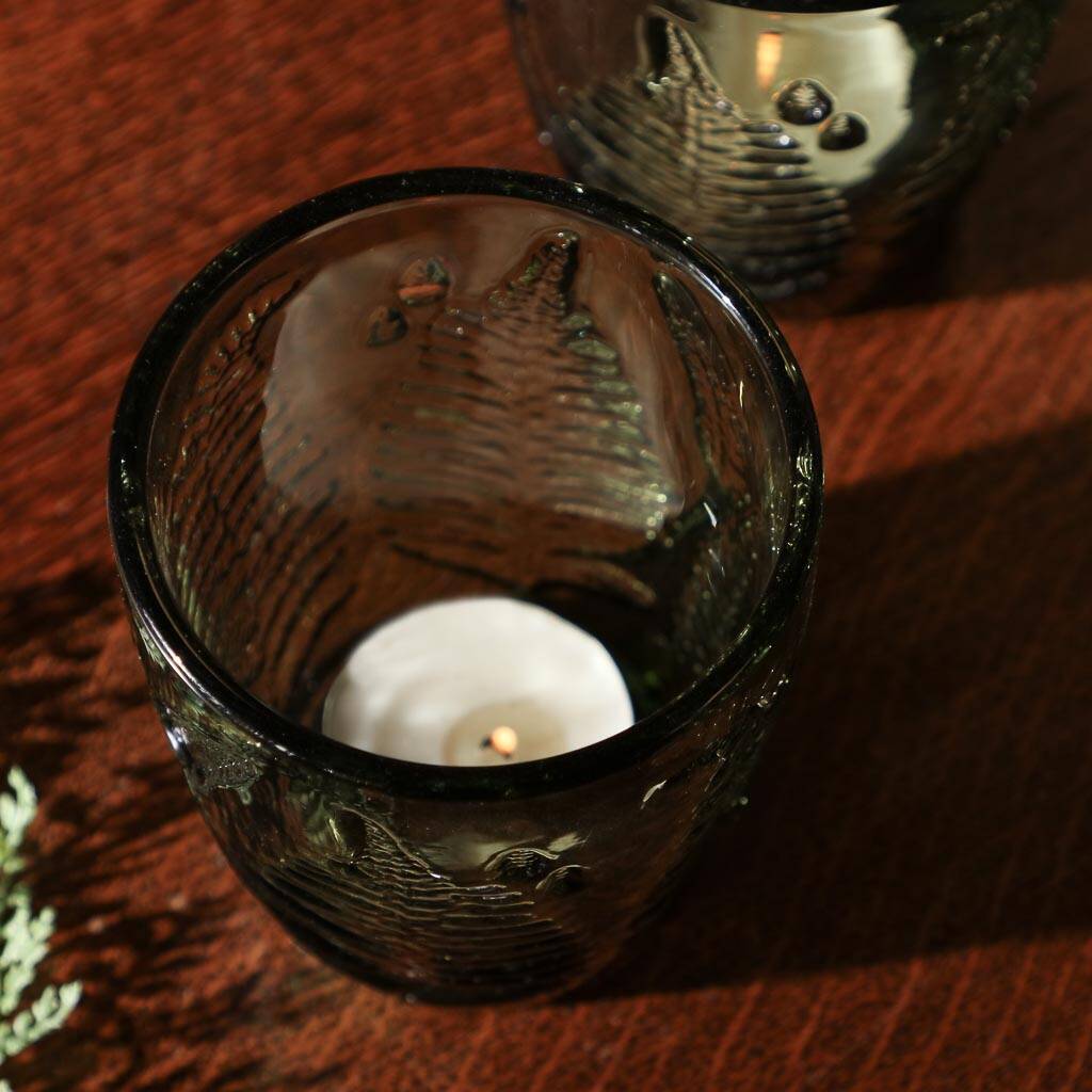 set of two fern green glass tea light holders by dibor