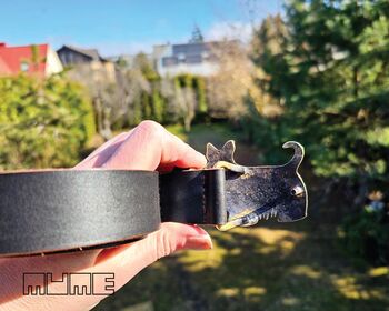 Leather Belt With Dog Silhouette Brass Buckle, 6 of 11