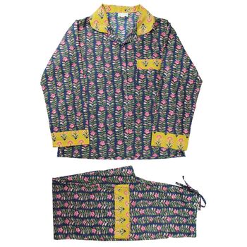 Block Printed Navy Blue, Mustard And Pink Lily Cotton Pyjamas, 9 of 9