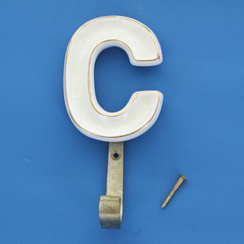 Alphabet Cream Crackle Glazed Hooks In Antique Brass, 7 of 9
