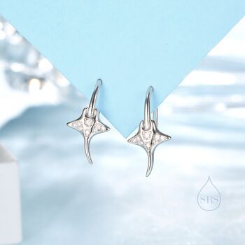 Sterling Silver Manta Ray Fish Drop Hook Earrings With Cz, 2 of 11