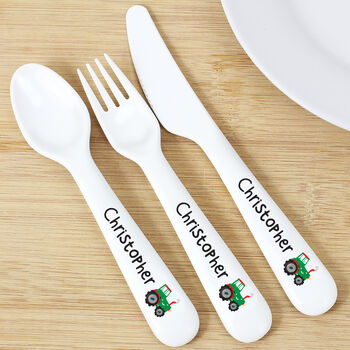 Personalised Tractor Three Piece Plastic Cutlery Set, 4 of 4