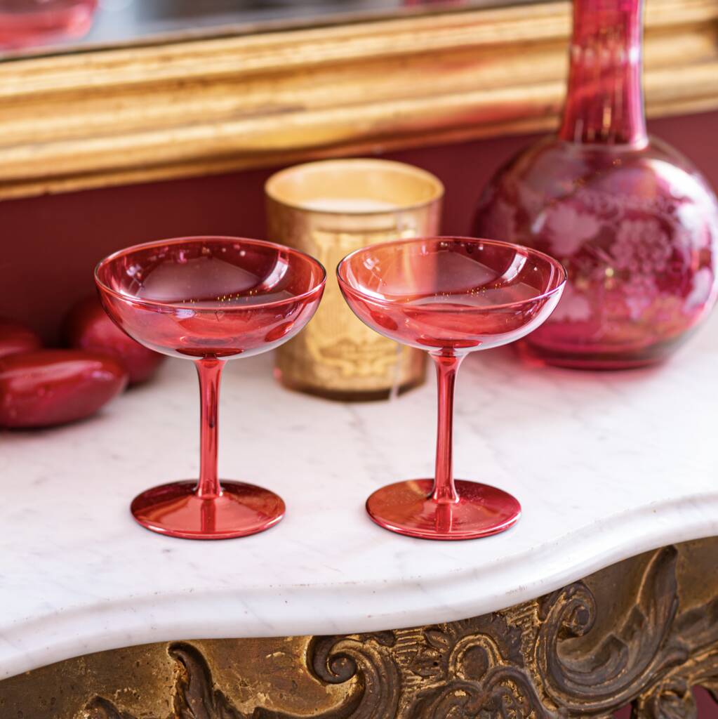 Set Of Two Deep Pink Champagne Coupes, 1 of 4