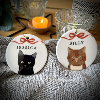 Personalised Christmas Cat And Bow Ceramic Tree Decoration, 6 of 7