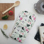 Pale Green Double Oven Gloves With Fruits And Birds, thumbnail 1 of 7