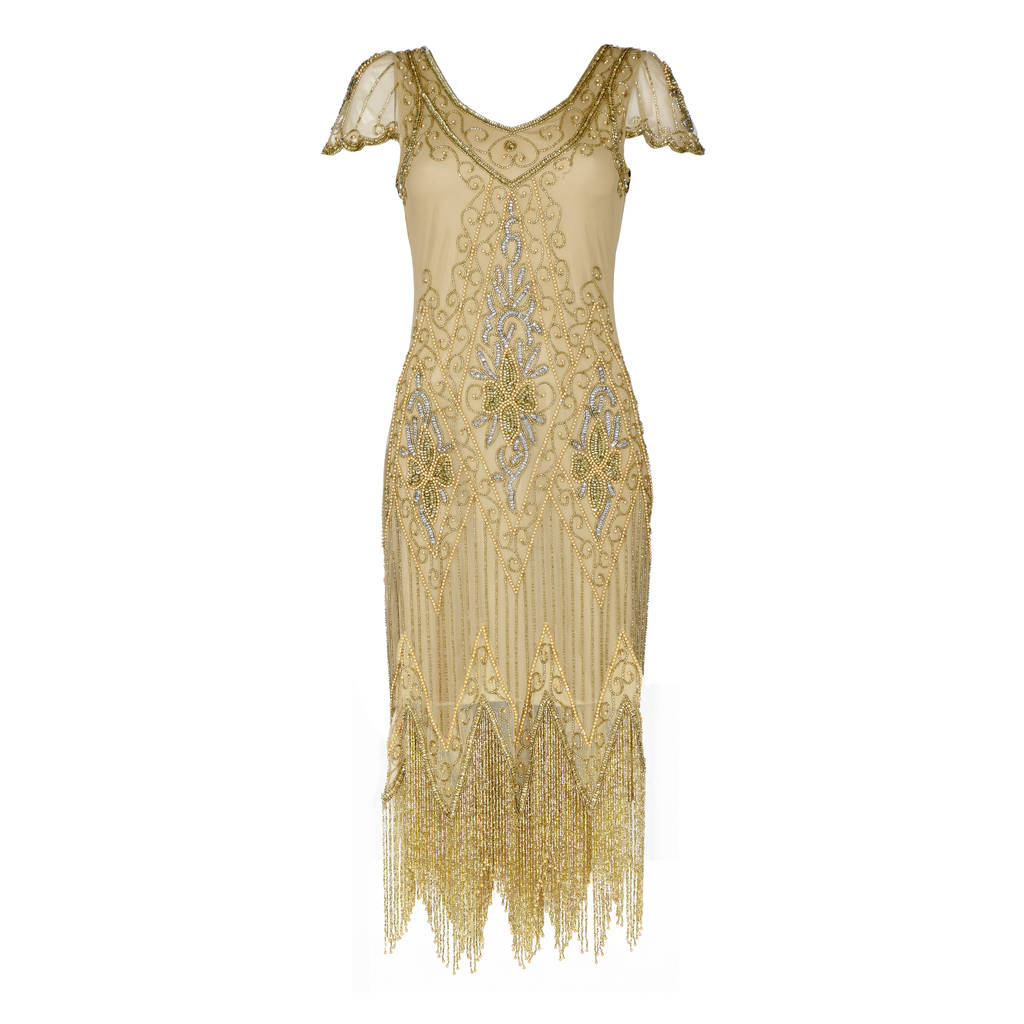 Gatsbylady Fringe Flapper Dress In Antique Gold By Gatsbylady