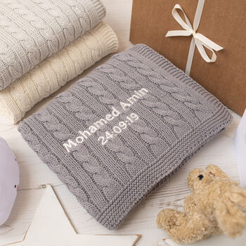 Dark Grey Cable Baby Blanket And Hat Gift Set, 2 of 8