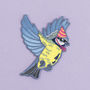 Blue Tit In A Party Hat Iron On Embroidered Patch, thumbnail 1 of 5