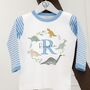 Boys Personalised Blue Stripe Dinosaur Pyjamas, thumbnail 1 of 9