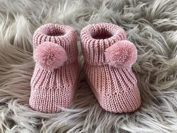 Rose Pink Knitted Baby Booties With Pom Pom, 5 of 8