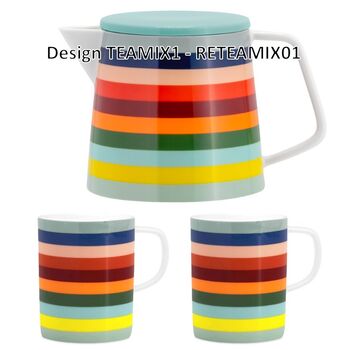 Porcelain Striped Tea Pot With Filter And Matching Mugs, 3 of 11