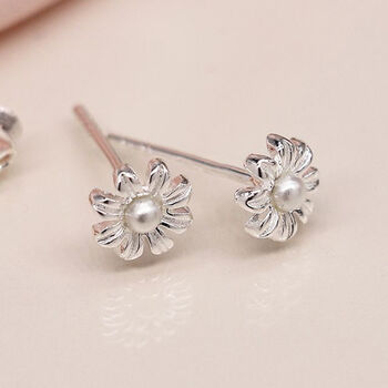 Tiny Sterling Silver Pearl Daisy Flower Stud Earrings, 3 of 7