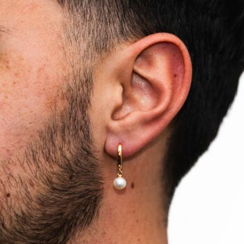 Mens Silver Pearl Dangle Hoop Earrings, 6 of 9
