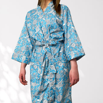 Blue Bird And Flower Print Cotton Dressing Gown Kimono, 6 of 8