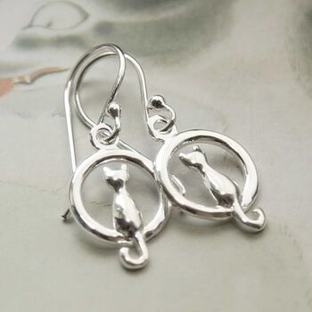 Sterling Silver Cat And Moon Earrings, 2 of 6