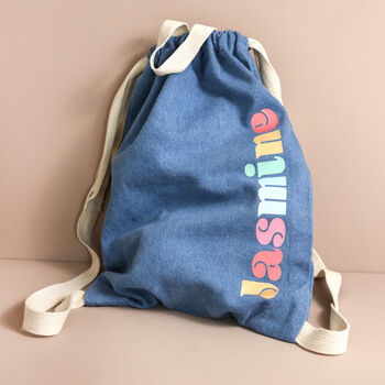 Personalised Rainbow Name Denim Drawstring Bag, 3 of 4