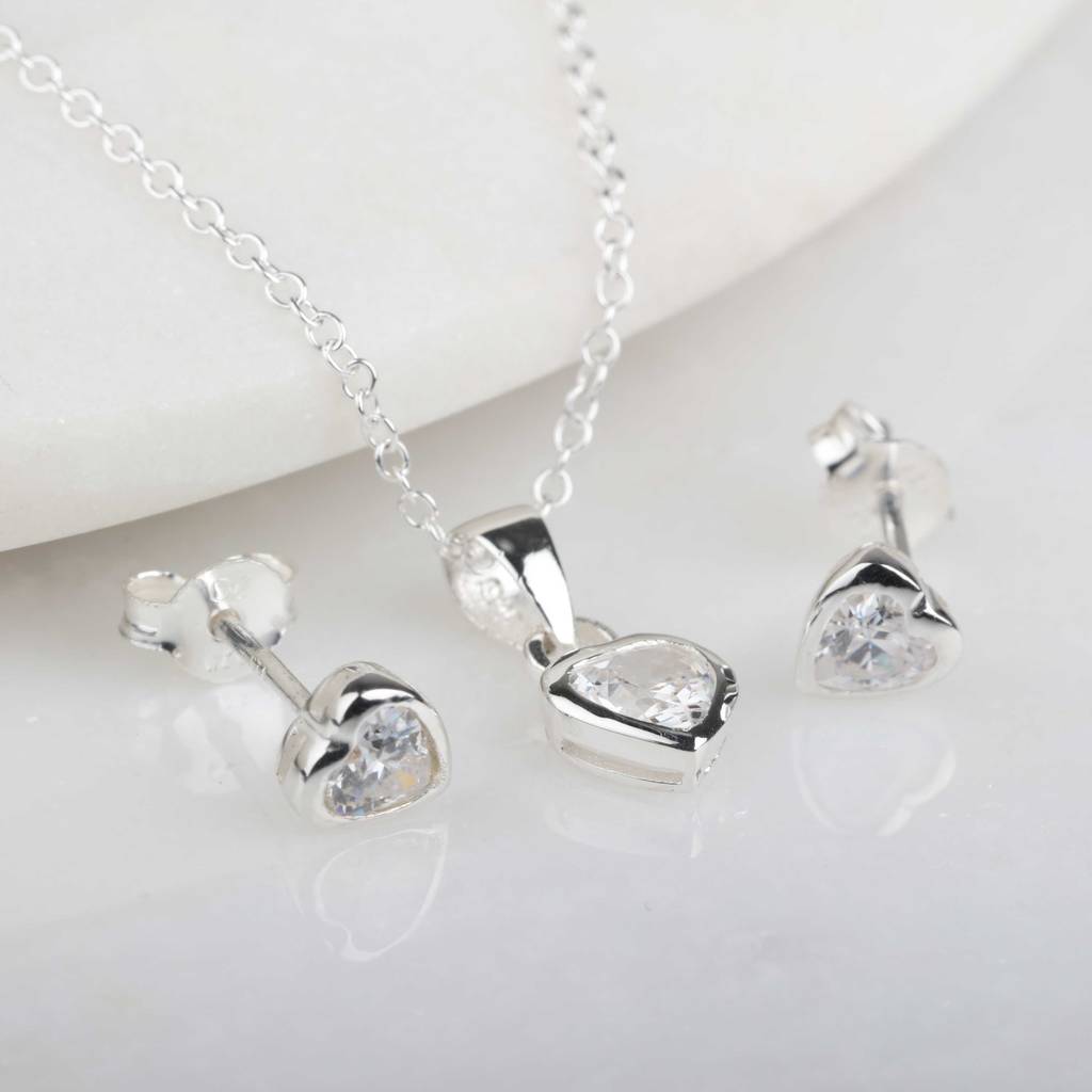 Childrens Solid Silver Crystal Heart Pendant And Studs By Nest