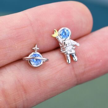 Mismatched Astronaut And Planet Stud Earrings In Sterling Silver, 2 of 10