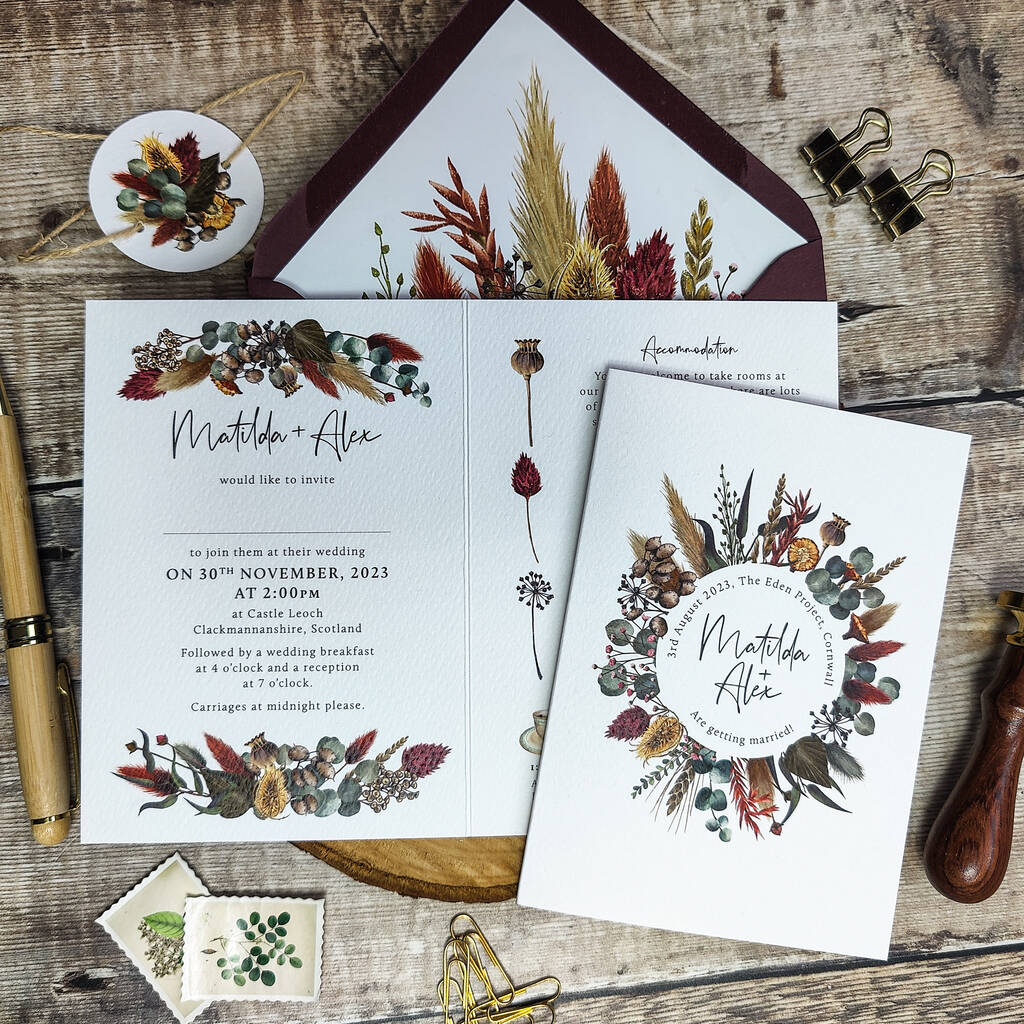 Autumn Dried Flowers Folded Wedding Invitation Suite, 1 of 7
