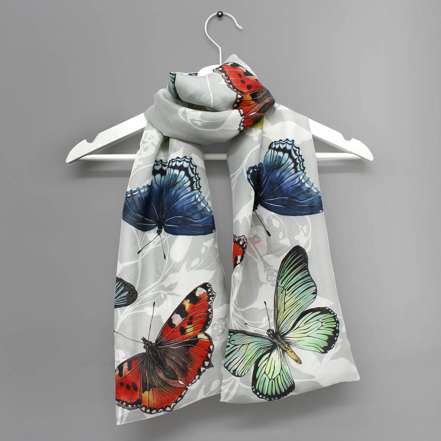 Butterfly Print Botanical Long Silk Scarf By Terrarium Designs