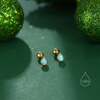 Sterling Silver Tiny Blue Opal Droplet Screw Back Earrings, 5 of 10