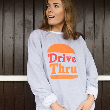 Drive Thru Unisex Slogan Sweatshirt With Burger Graphic, 3 of 3