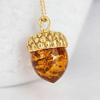 Personalised Gold Plated Sterling Silver Baltic Amber Acorn Pendant Necklace, 2 of 8