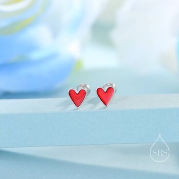 Sterling Silver Red Enamel Glaze Heart Screwback Earrings, 2 of 9