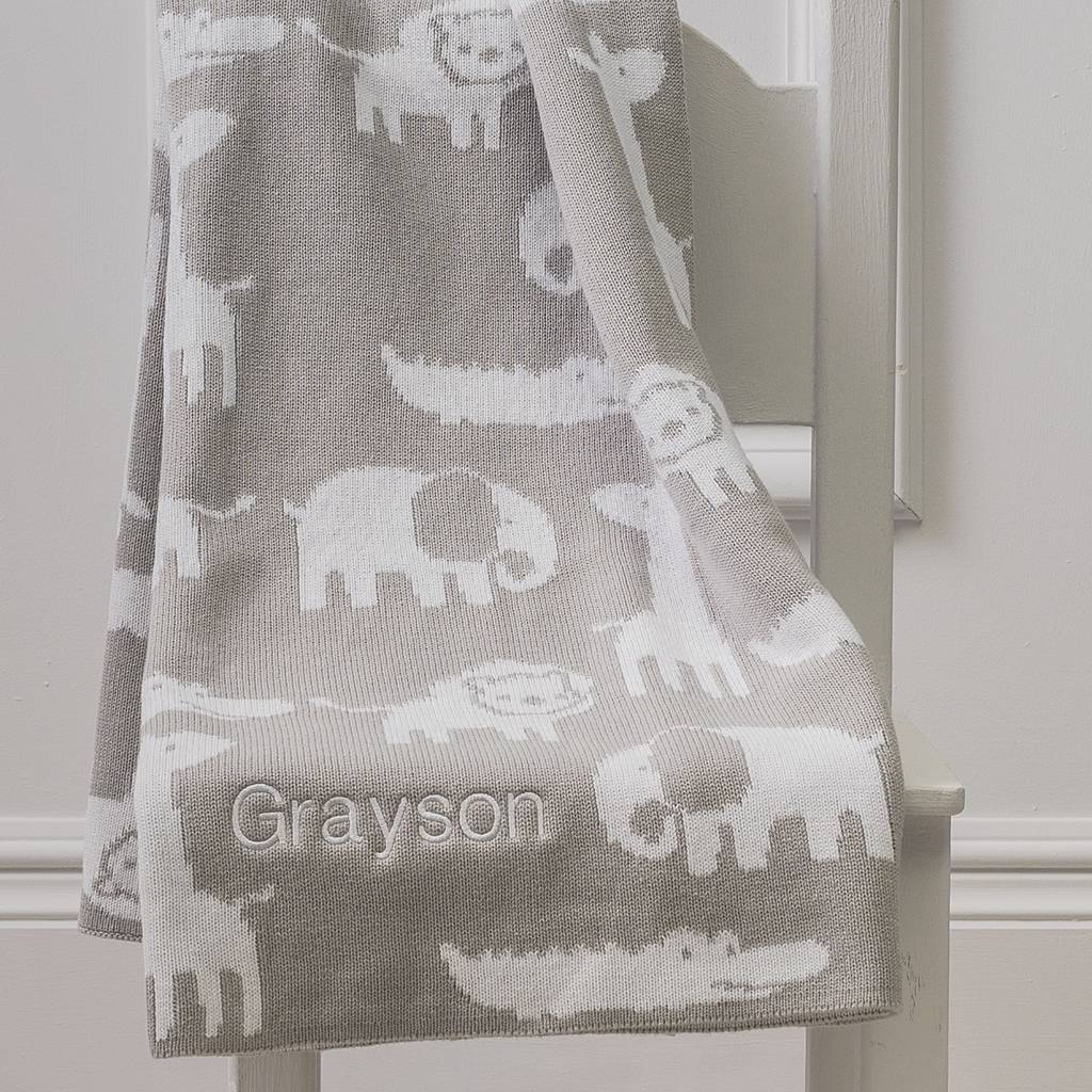 Personalised Jungle Animal Cotton Knitted Baby Blanket, 1 of 8