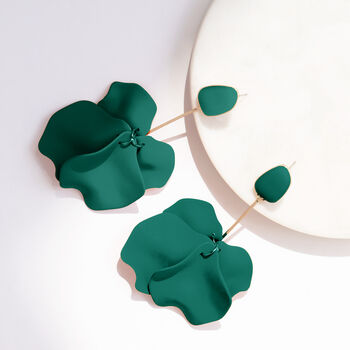 Emerald Green Hand Painted Large Petal Drop Earrings, 3 of 3