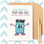 Greatest Creation Cute Funny Happy Anniversary Card Monster For Mum And Dad From Son Daughter, thumbnail 1 of 4