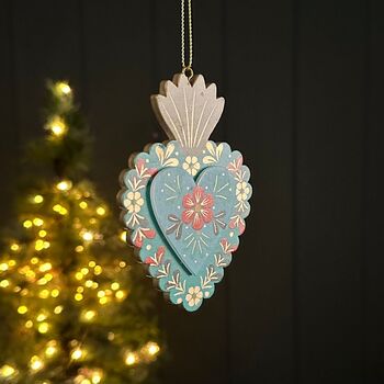 Turquoise And Blue Wood Floral Heart Hanging Decoration, 2 of 2