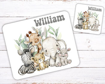 Kids Personalised Animals Placemat, Coaster And Mug Dinner Set, 3 of 4