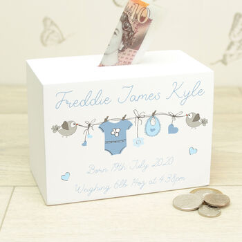 Personalised Baby Grow Wooden Money Box, 2 of 5