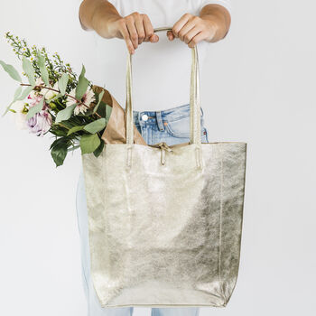Gold Metallic Leather Tote Shopper, 4 of 11