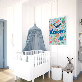 Personalised Blue Sea Life Name Print | Under The Sea Nursery Wall Art | Ocean Baby Gift, 4 of 7